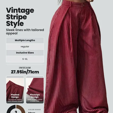 1 Piece Striped High-Waisted Pleated Wide-Leg Long Pants, Flowy Loose Baggy Floor-Length Suit Pants, Streetwear Casual Trousers, Fashion Bottoms