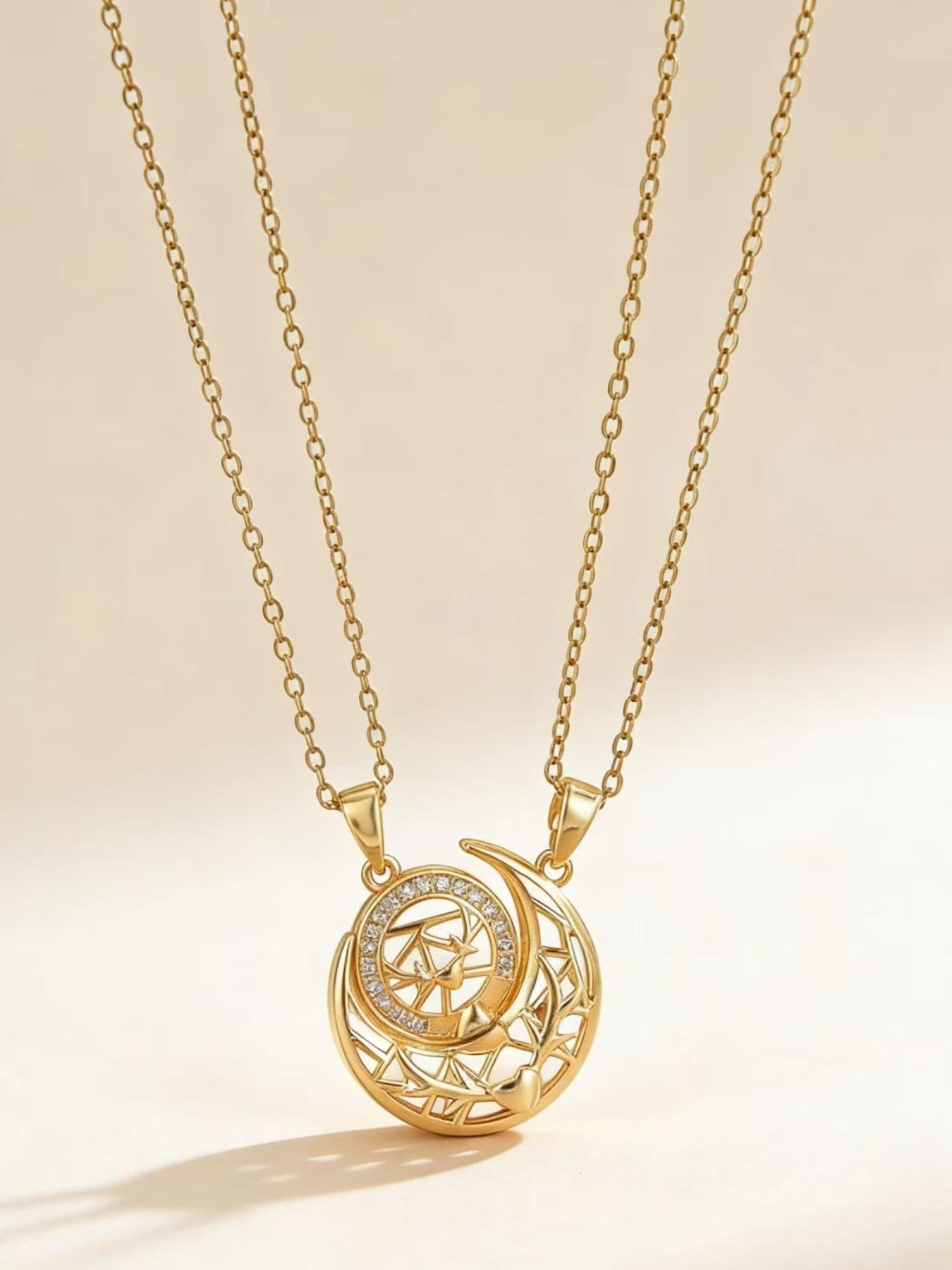 Trendy Gold Sun Moon Necklace Set, Dainty Celestial Pendant with Interlocking Design, Stylish Boho Choker for Girlfriend Wife, Perfect Valentine's Day Gift