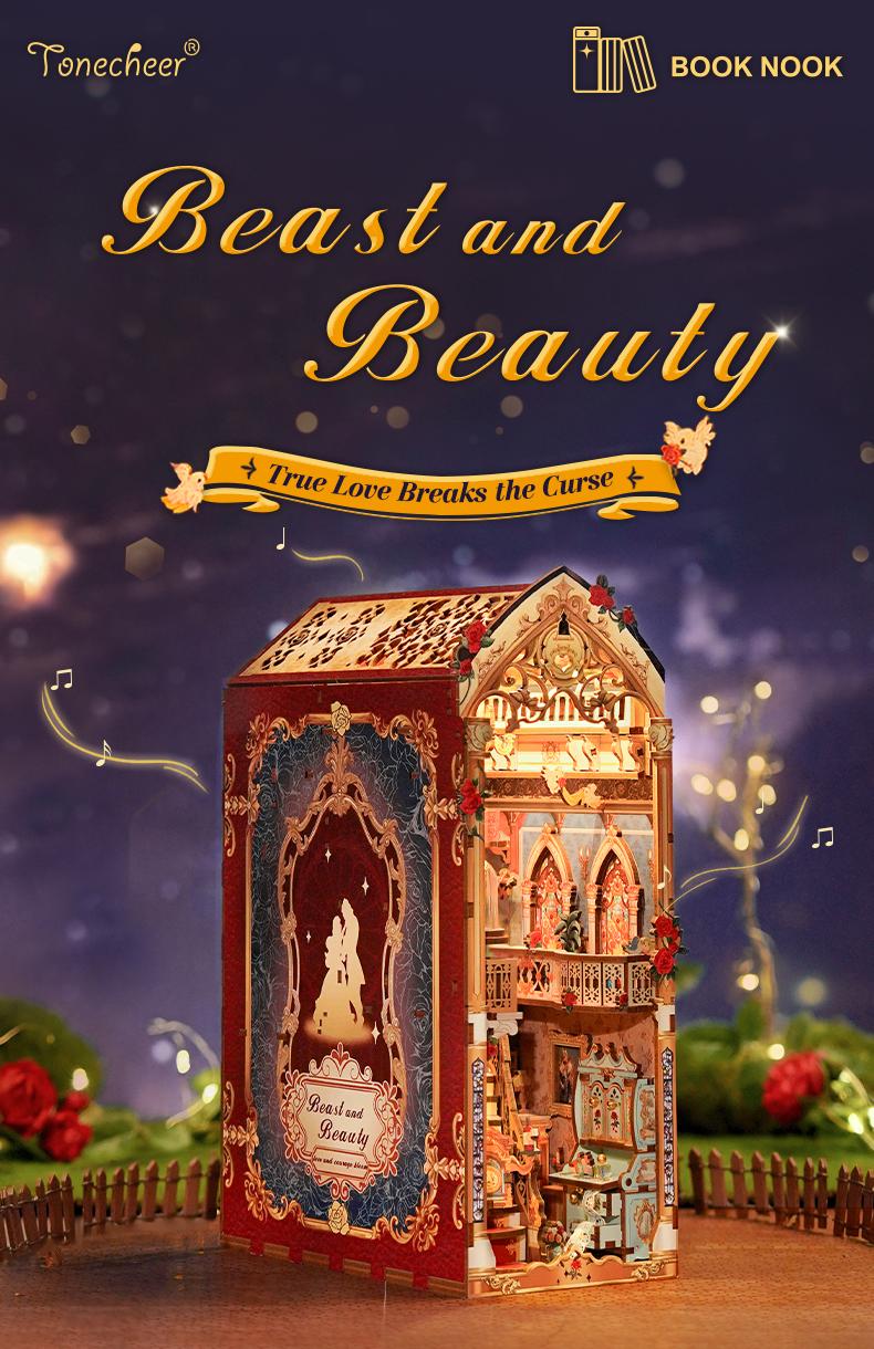 Tonecheer DIY Book Nook Kit for Adults 3D Wooden Puzzle Bookend Miniature House Kit with Dust Cover and LED Lights Gifts for Bookshelf Insert Decor - Dress Up Dolls Anime Artificial (Beast‌ and Beauty)