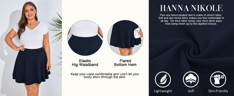 【S-XL&16-28W】Hanna Nikole Women Plus Size Casual Mini Skater Skirt Elastic Lining High Waist Basic Flared Skorts Pleated with Pocket #TikTokShopBacktoSchool