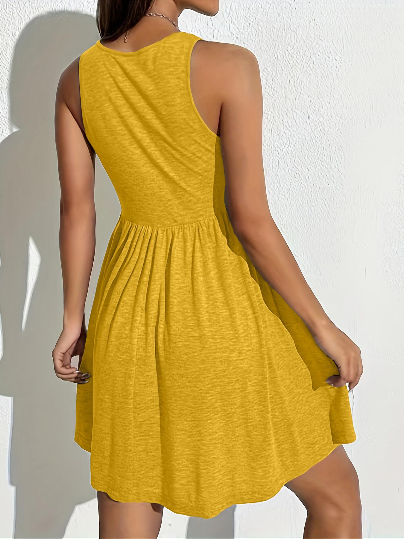 Plus Size Plain Fake Buttons Scoop Neck Fitted Stretchy Jersey Tank Dress, Casual Sleeveless A Line Feminine Aesthetic Dress, Summer Clothes Women, Women's Clothing, Dresses for Women, Women's Clothes for Daily Wear, Plus Size Women's Clothing, Womenswear