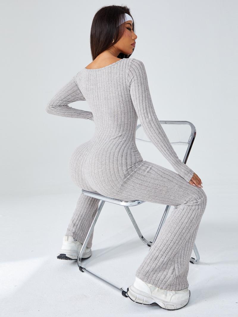 Women's Sporty U-Neck Long Sleeve Yoga Jumpsuit, Slim-Fit Below Knee Knitted Romper for All Seasons, Casual Fashion Wear