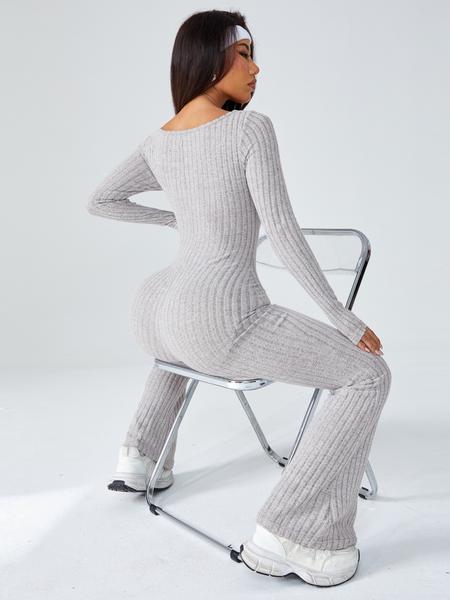 Women's Sporty U-Neck Long Sleeve Yoga Jumpsuit, Sportswear Jumpsuits, Slim-Fit Knitted Jumpsuits for All Seasons, Casual Fashion Wear