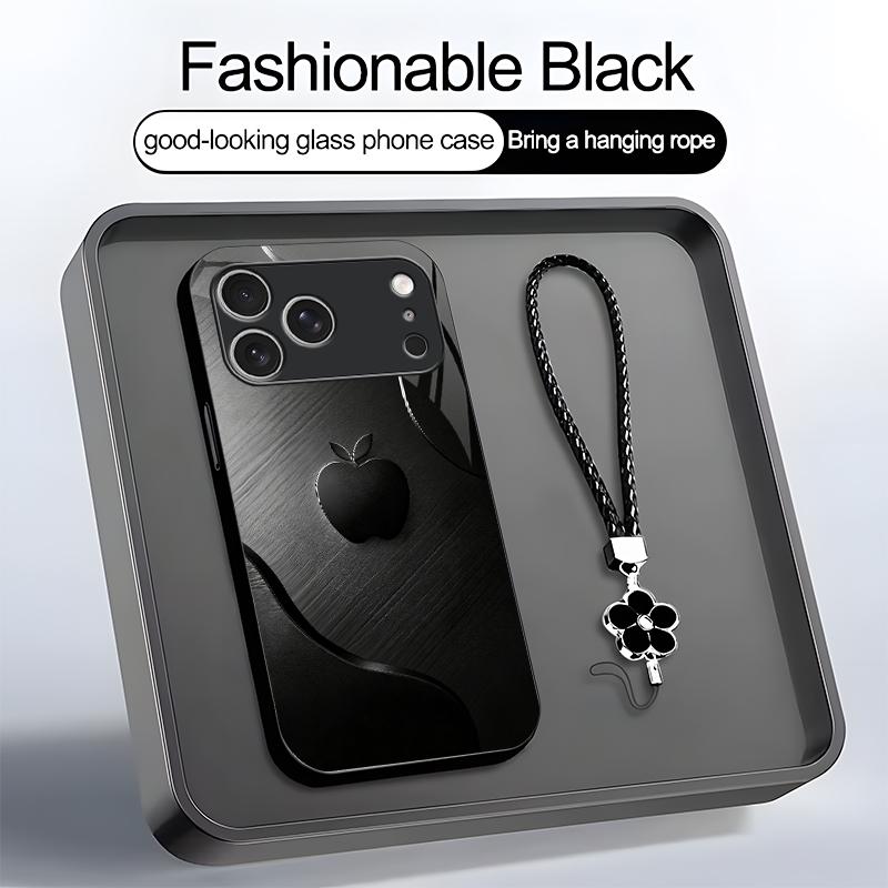 Luxury Faux Brushed Metal Texture Phone Case with Flower Lanyard | Glossy Glass Feel 2D Printed Cover | for [iPhone 17 Pro Max] 952