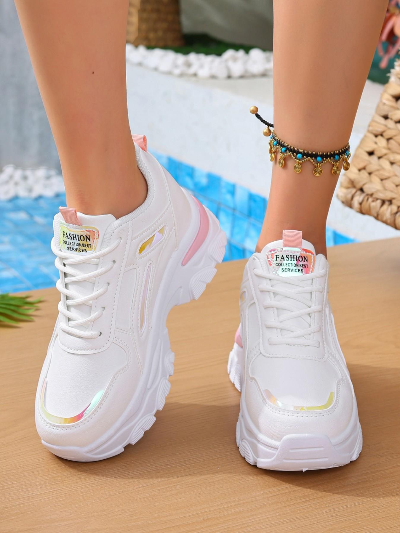 Women's Colorblock Chunky Sneakers | White Pink Casual Platform Shoes | Comfortable Breathable Height Increasing Trainers for Ladies | Trendy OOTD Streetwear Sneakers for Four Seasons.