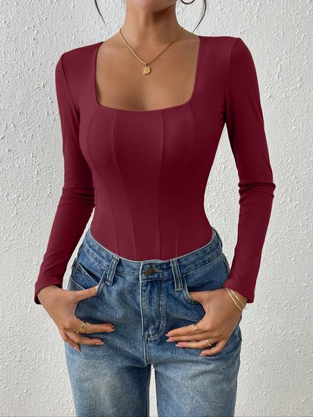 Elegant Women's Square Neck Long Sleeve Jumpsuit Set, Comfortable Fashion Fabric, Versatile Layering Option, All-Season Wear Bodysuit