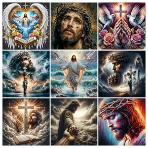 5D Full Round Rhinestone Diamond Painting Kit Jesus Christ Religious Faith Art, Cross Dove Bible Holy Heart Canvas Diamond Craft Set for Prayer Room Wall Decor Christian Believer Gift