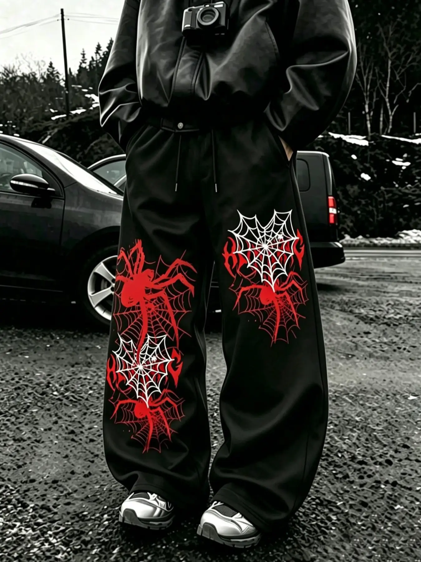 American Men's Street Style Spider Web Print Sweatpants, Loose-Fit Wide Leg Trousers, Unisex Fashion Long Pants, All Seasons Wear