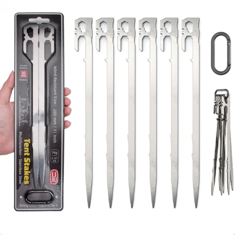 6-Piece Tent Stakes Set, Stainless Steel Camping Gear, Heavy-Duty Ground Pegs, Lightweight 11-Inch 2.5oz, Outdoor Adventure Essentials