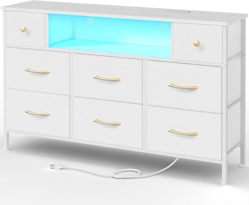 HongwayFurniture Dresser with 8 Drawers, LED Lights, Power Outlets, Wooden Top & Metal Frame for Bedrooms, Living Rooms, Entryways