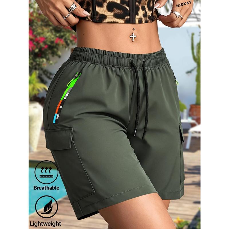 Female Active High-Waist Drawstring Knee-Length Polyester/Nylon Sports Shorts - Loose-Fitting, Breathable, Casual, Slimming, Cold-Wash Only, No Dry Clean, Zippered Pockets, Summer Workwear for Running/Gym, Outdoor Fitness (Multiple Sizes)