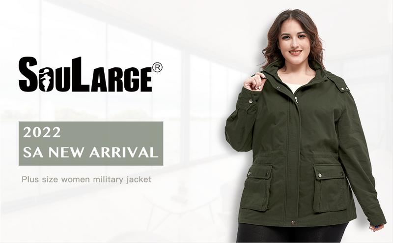 Women's Plus Size Military Cotton Jacket with Detachable Hood Womenswear Coats Casual Outerwear Tops