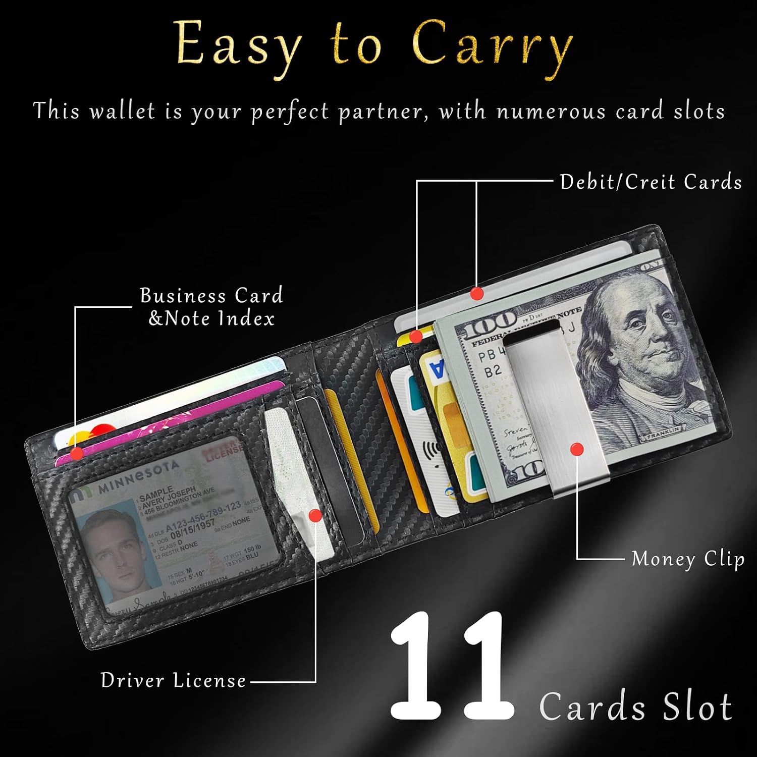 Clip Wallet Men Card Holder 10 Slots 1 ID Window RFID Blocking Black |  Box,Quick Access,Thumb Hole,Travel Essential,Water-resistant,Anti-scratch,Carbon Fiber Design,Bifold,Slim,Front Pocket