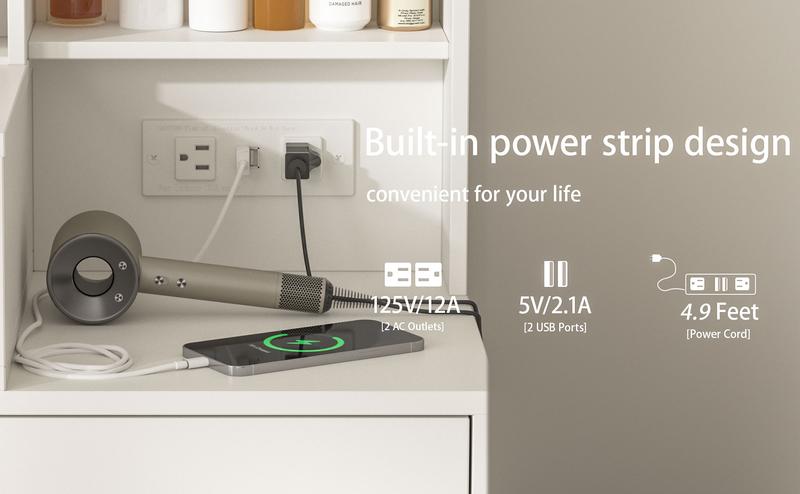 Vabches Vanity Desk with Mirror and Lights, White Vanity Table with 3 Color Lighting, Makeup Vanity Desk with Charging Station, 5 Drawer Storage, 5 Hooks, Hidden and Open Shelves