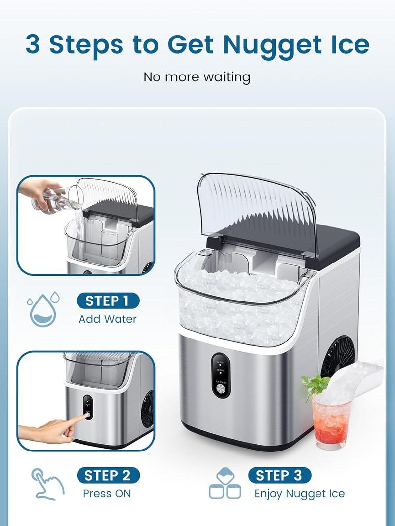 Nugget Ice Maker Countertop, Soft Chewable Nugget Ice Cubes Machine, One-Button Quick Ice Making 34Lbs/Day, Self-Cleaning, Portable Stainless Steel Ice Machine