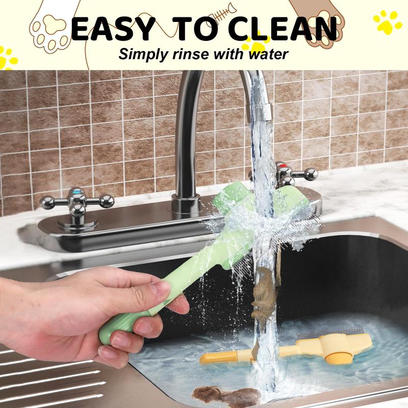 Pet Hair Removal Comb with Release Button for Cats and Dogs, De-Shedding Brush with Long & Short Stainless Steel Teeth for Efficient Hair Removal