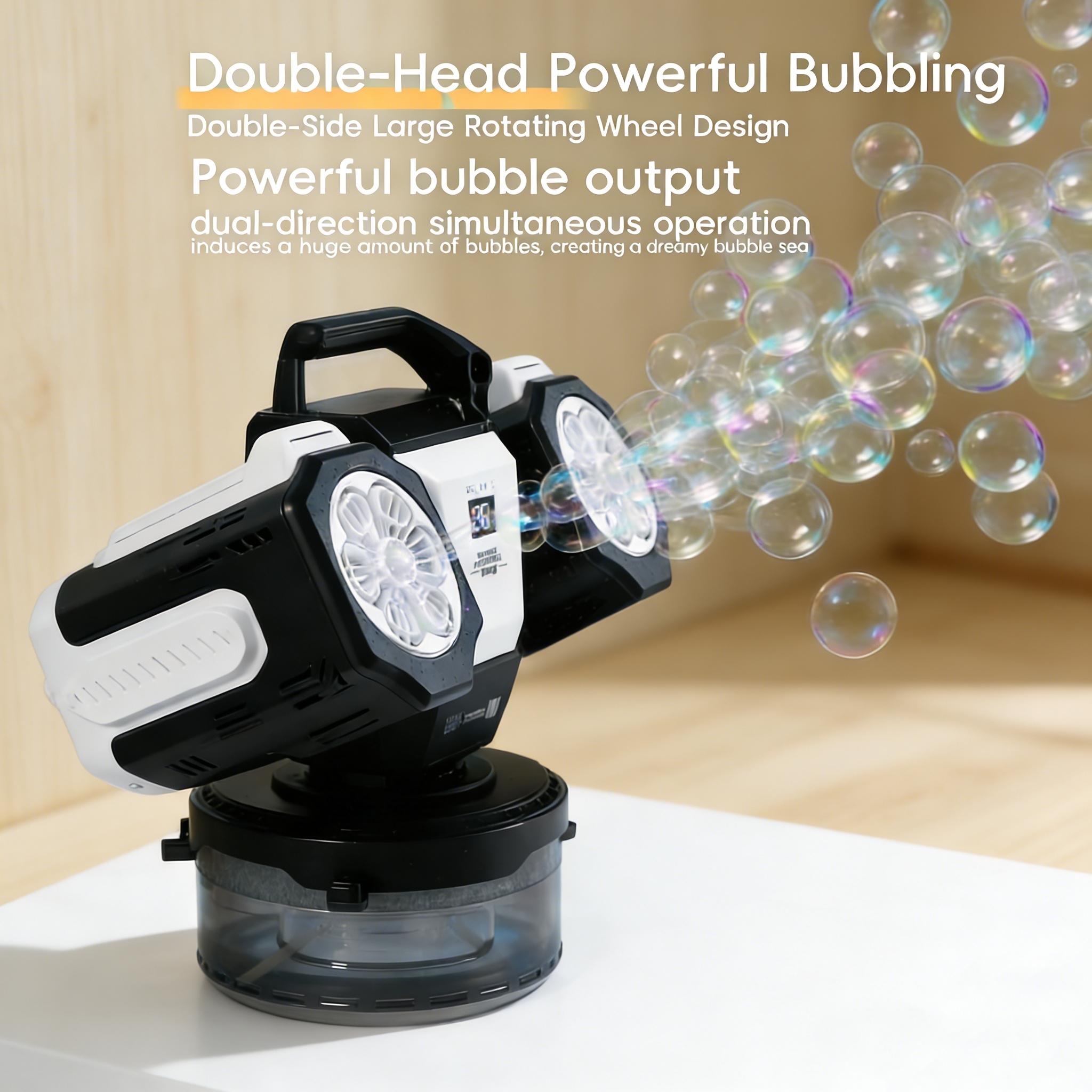 Dual Head Remote Bubble Machine, RGB Atmosphere Light, Rechargeable, 360° Auto Rotation, 30000 Bubbles Per Minute, Wedding Party Outdoor Use