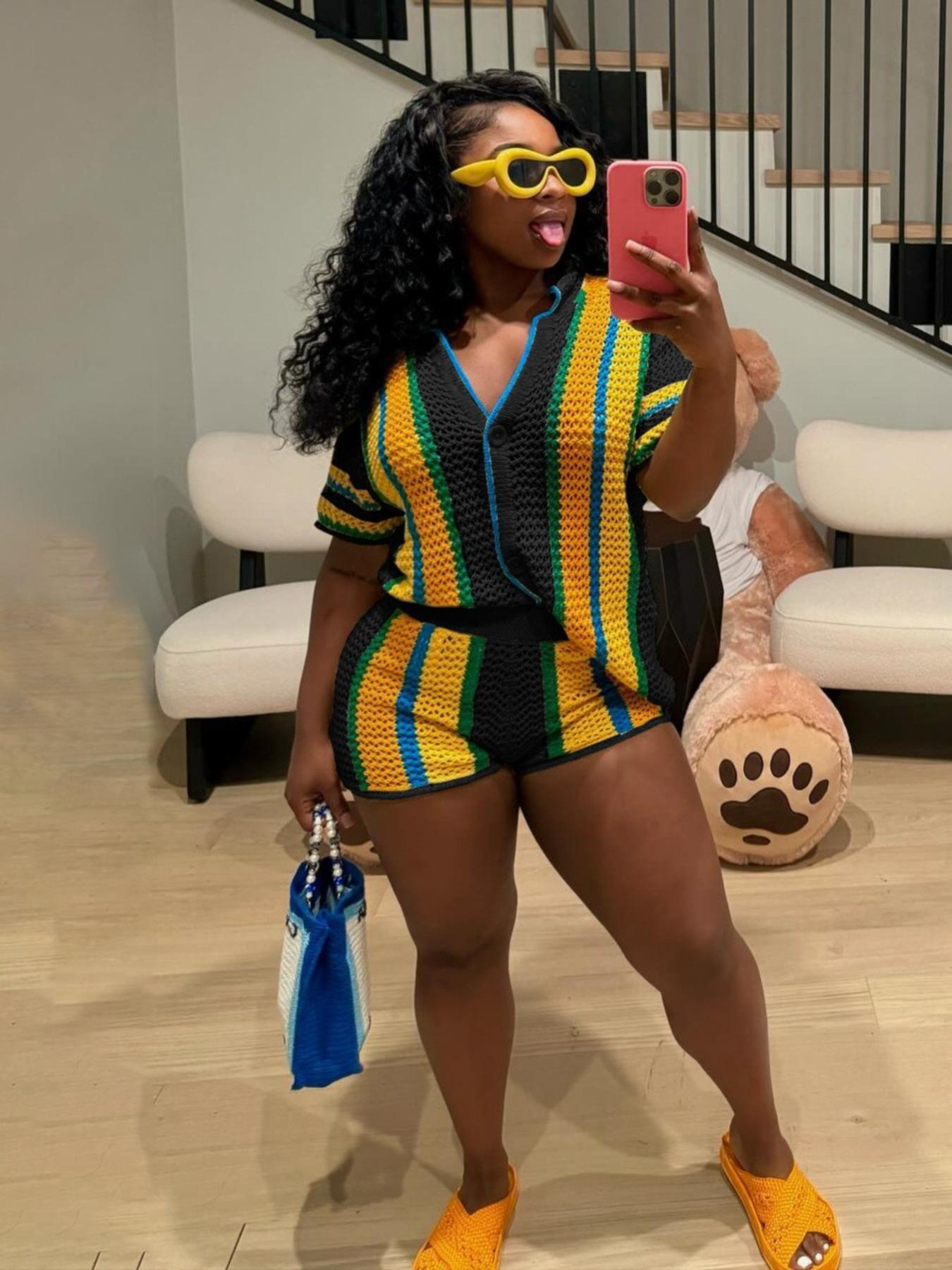 Women's Striped Print Crop Knit Top & Shorts Two-Piece Set, Casual Fashion Cozy Knitwear Set for Daily Outdoor Wear, Ladies Clothes for Summer, Cute Summer Outfit