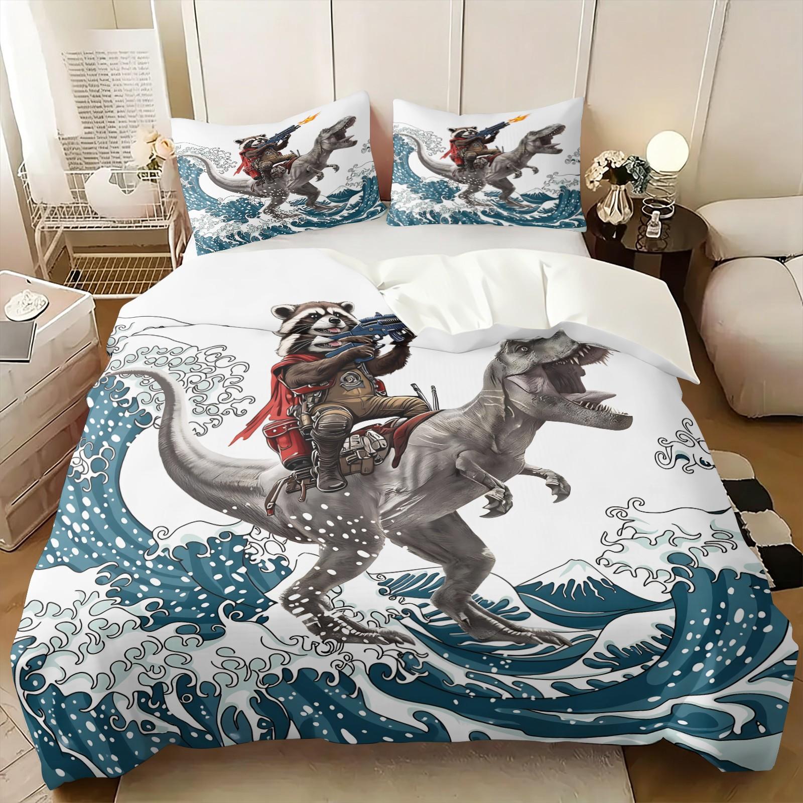 3Pcs Raccoon Dinosaur Duvet Cover Set, 1 Duvet Cover + 1/2 Pillowcases, 3D Cartoon Animal Bedding for Kids, Soft Microfiber Japanese Wave Print Bed Set, Perfect Gift for Dinosaur & Raccoon Lovers