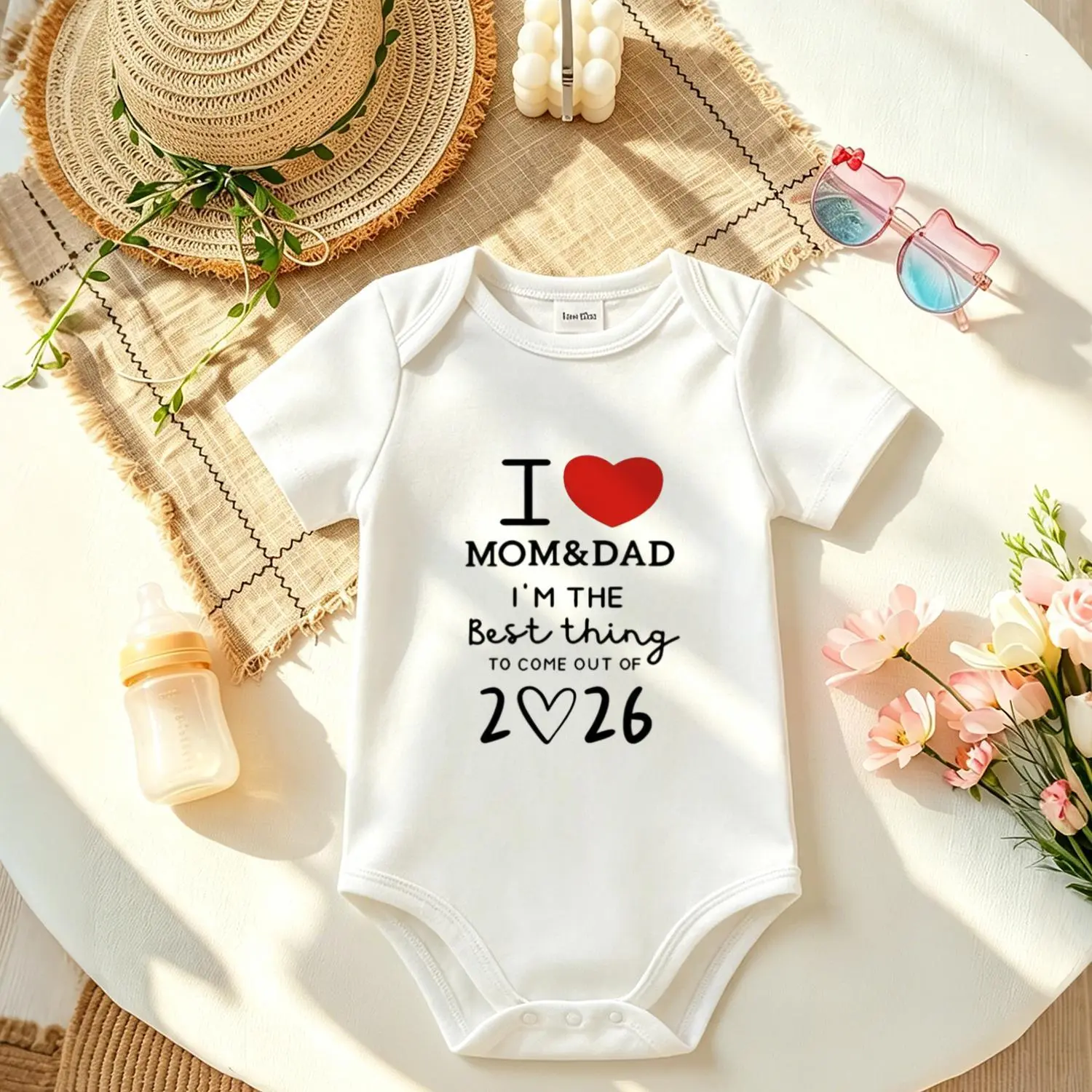 "I Love Mom & Dad 2026" Unisex Short Sleeve Snap Buttons Soft Pure Cotton Infant Bodysuit, Holiday party costume ,1 month birthday outfit & Birthday onesie, Boys & Girls, Fun Slogan, Graphic Print