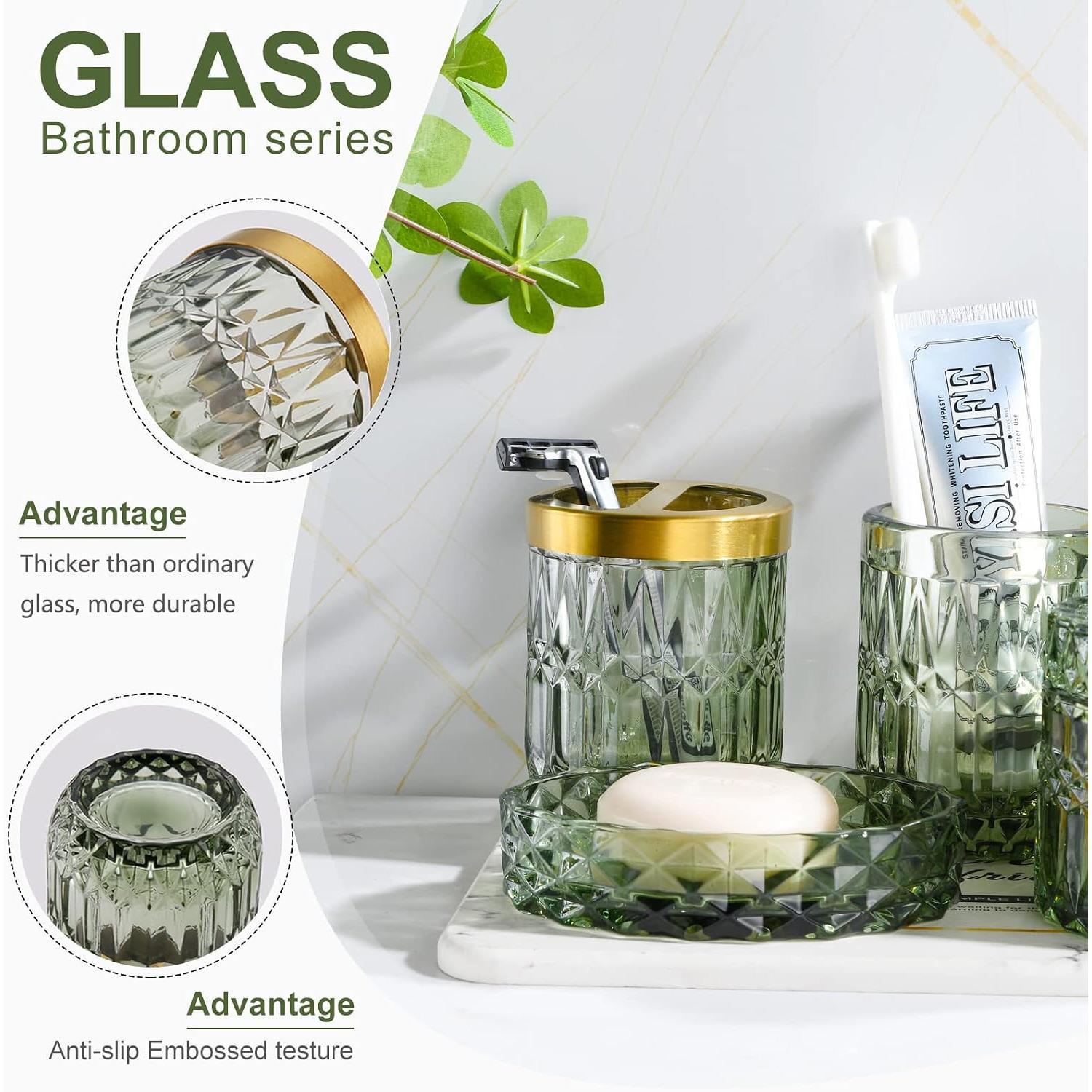 Green Bathroom Accessories Set, 6 count Clear Glass Bathroom Set, Soap Dispenser, Soap Dish,  Holder, Tumbler, Q-Tips Holder for   Bathroom Decor,  Set