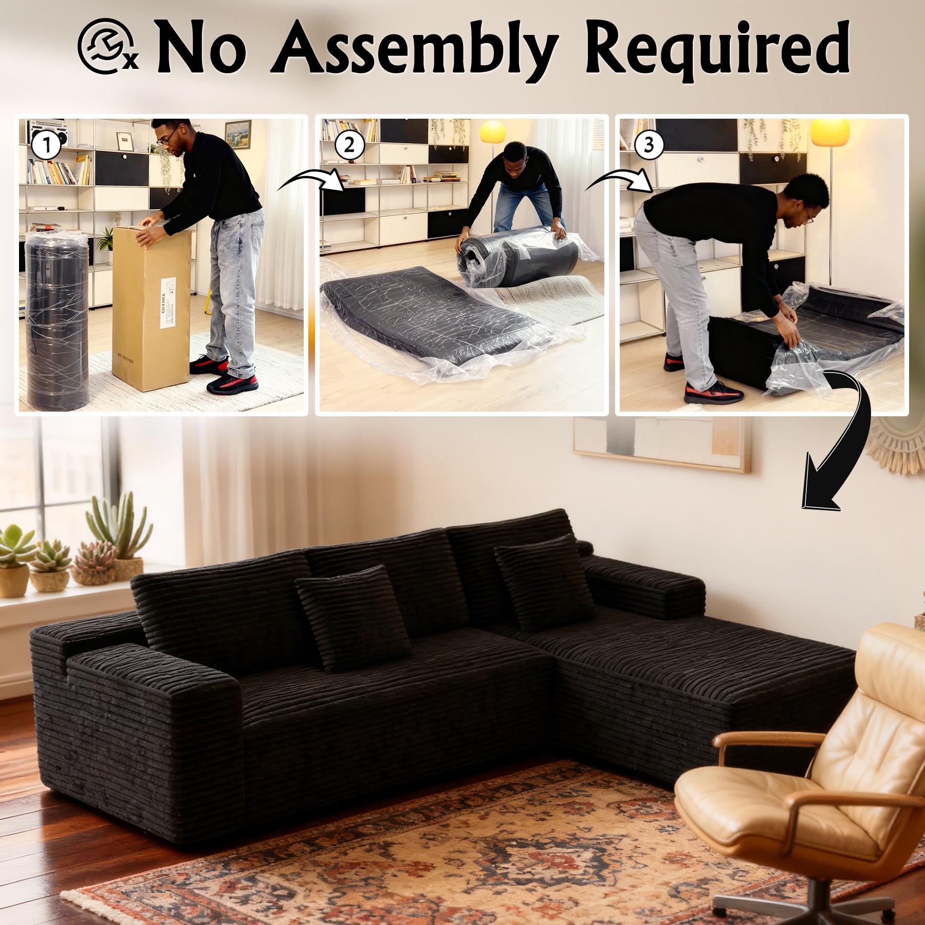 104" sofa living room Black Plush Corduroy Cloud VelvetModular Couches with Chaise, NoAssembly Required -L-ShapedSectional Sofa Set with FlexibleConfiguration boneless sectional furniture