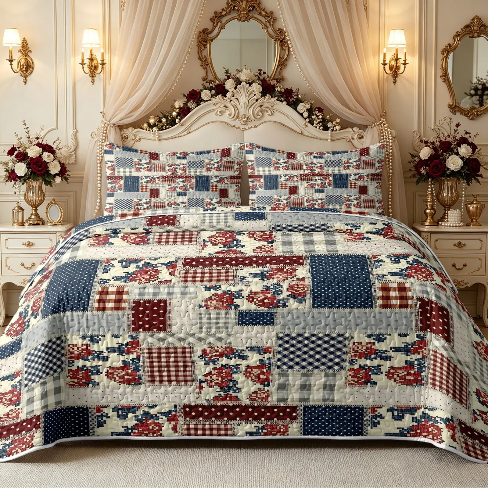 3pcs Red Blue Floral Plaid Patchwork, Flower Quilt Set, includes 1 quilt & 2 pillowcases, rustic vintage style, reversible bedding, distressed fabric texture, suitable for anniversary & daily home use