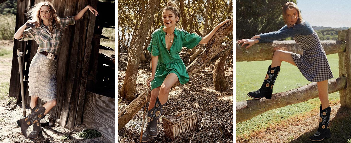 Gloryinterest Western Cowgirl Boots for Women Sunflower Embroidery Square Toe Low Heel US3-11.5 Comfortable Stylish Durable All Season Fashion for Country Music Festivals Rodeos Retro Theme Party Festival Celebrations Daily Wear