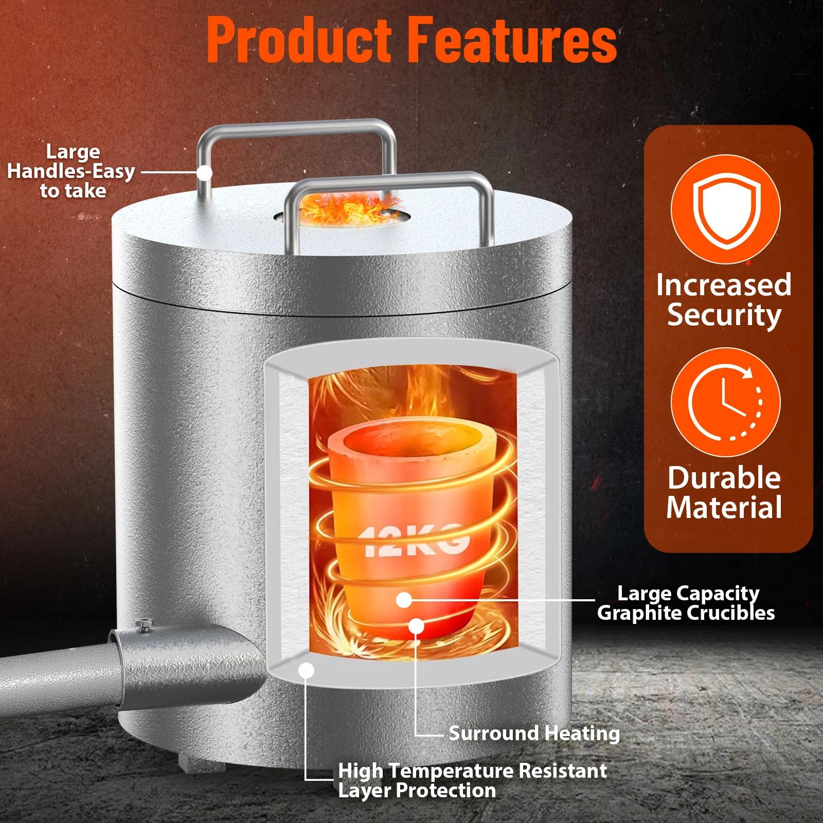 【GARVEE】26Lbs/12KG Propane Melting Furnace Kit - High Temperature 2370°F Metal Foundry Furnace with Large Capacity Crucible and Tong for Melting Copper, Silver, Aluminum, and Gold - Ideal for Beginners
