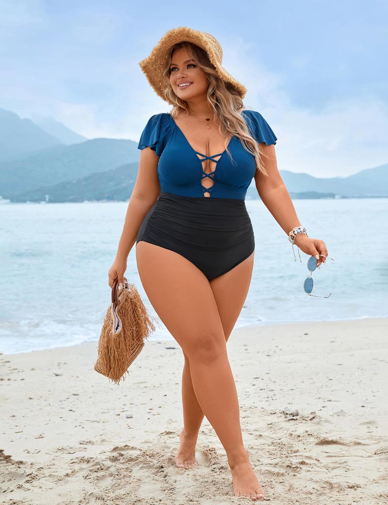 Blooming Jelly Women's Plus Size One Piece Swimsuit Tummy Control Bathing Suit Vintage V Neck Swimwear