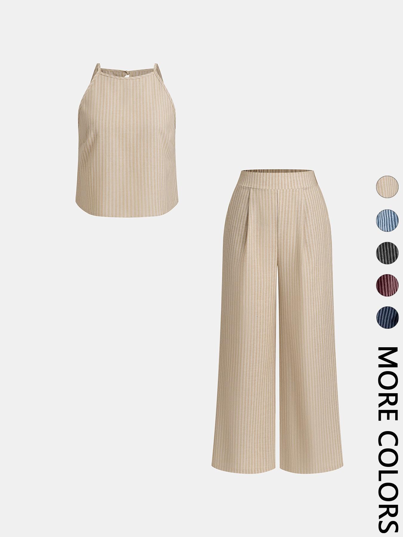 Two-Piece Women's Casual Summer Striped Lightweight Spaghetti Strap Sleeveless Top & Loose Long Pants Outfit Set, Comfortable Stylish Set Two-Piece Women's Casual Summer Striped Lightweight Spaghetti Strap Sleeveless Top & Loose Long Pants Outfit Set, Comfortable Stylish Set