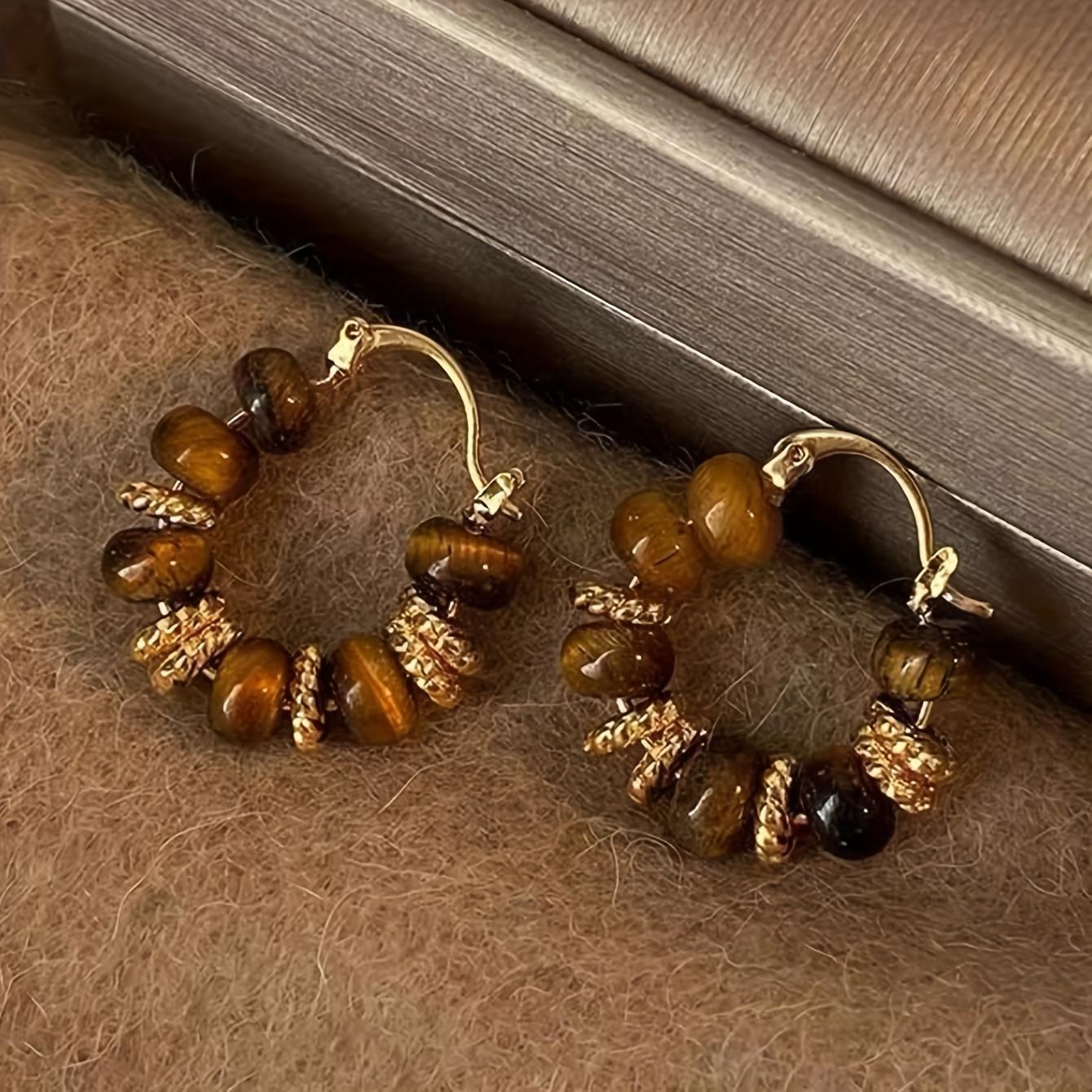 Women's Geometric Design Amber Beaded Earrings Set - Retro Elegant High-End, Suitable for Daily, Party Wear