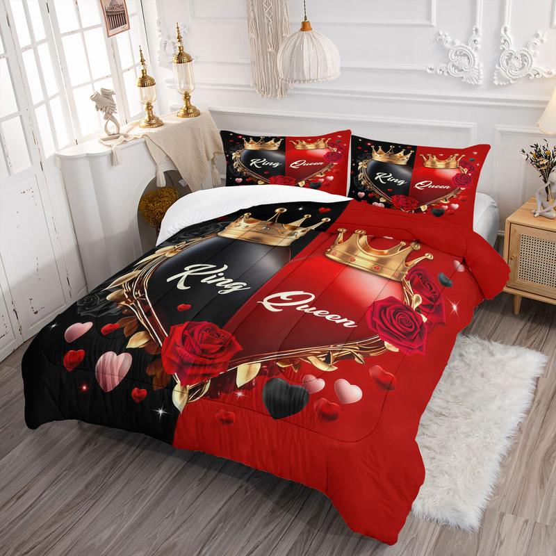 Christmas And Valentine'S Day Themed Black And Red Heart Print, King And Queen Themed Comforter Set, Soft Bedding Set, Includes A Comforter And 1 Or 2 Coreless Pillowcases, Warm And Skin-Friendly, Suitable For Beds, Sofas, Offices, Travel, And Camping. Christmas And Valentine'S Day Themed Black And Red Heart Print, King And Queen Themed Comforter Set, Soft Bedding Set, Includes A Comforter And 1 Or 2 Coreless Pillowcases, Warm And Skin-Friendly, Suitable For Beds, Sofas, Offices, Travel, And Camping.