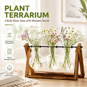 Plant Terrarium with Wooden Stand, 3 Bulb Glass Vase Hydroponic Propagation Station with Metal Swivel Holder, Retro Tabletop Air Planter for Plant Cuttings, Home Garden, Office Desk, Living Room and Bedroom Decoration