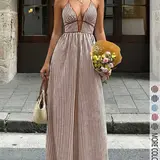 【Biack Friday】Women's French Style Casual Striped Halter Dress, Chic Elegant Deep V Neck Waist Cinch Long Dress for Vacation, Beach and Summer Womenswear, Bohemian Style Boho Summer Dresses