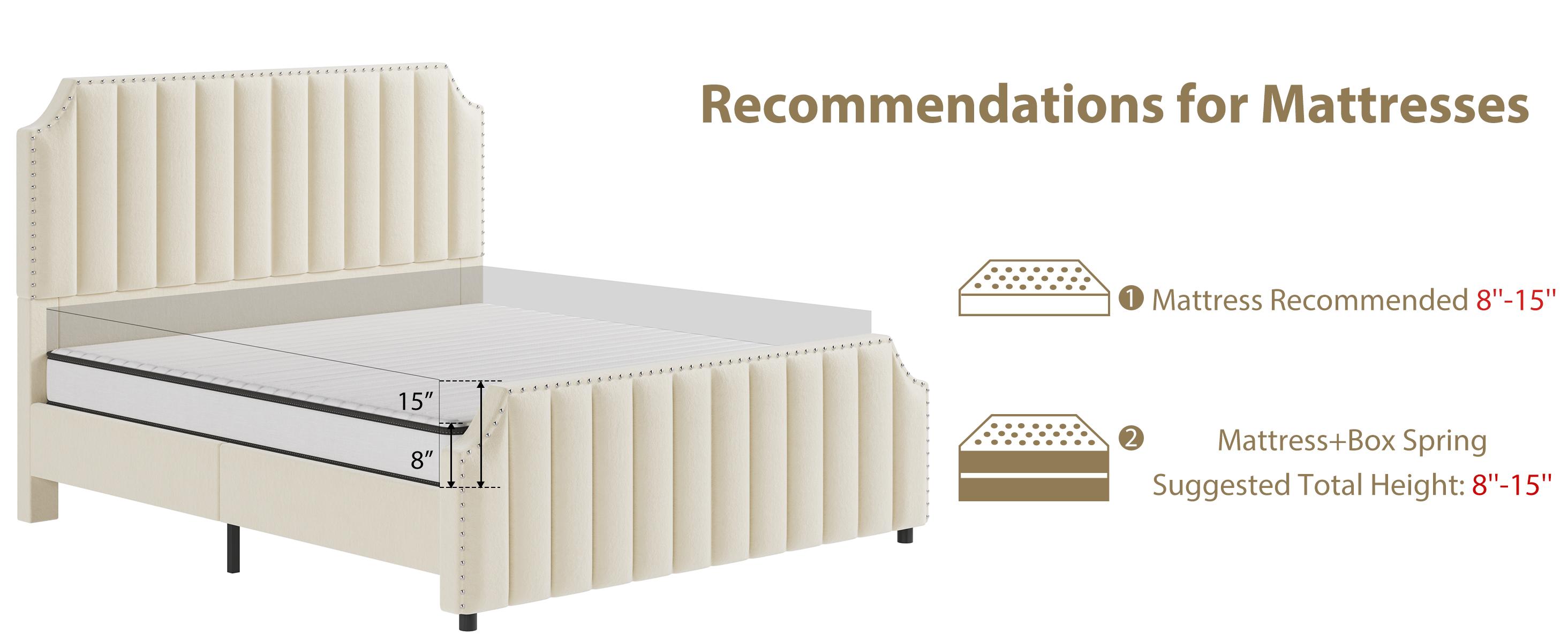 Queen Size Platform Bed Frame with 50.2" Headboard, Velvet Upholstered Bed Frame Queen with Vertical Channel Tufted Headboard & Footboard, Nailhead Trim, No Box Spring Needed, Cream