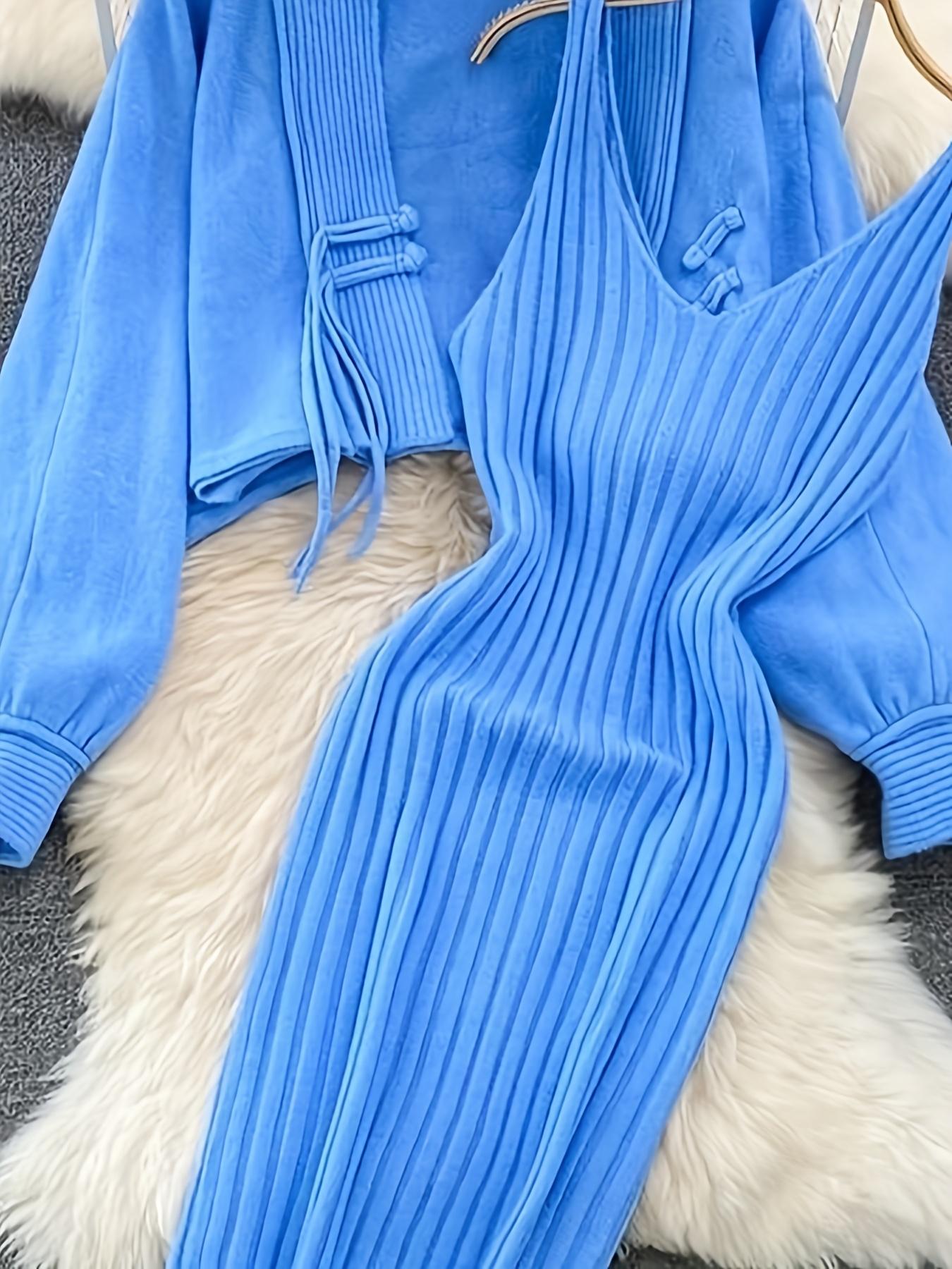 Women's Solid Color Knit Two Piece Set, Casual Fashion Frog Button Cardigan and Ribbed Dress for Spring & Fall, Fashion Women's Knitwear for Daily Wear, Womenswear