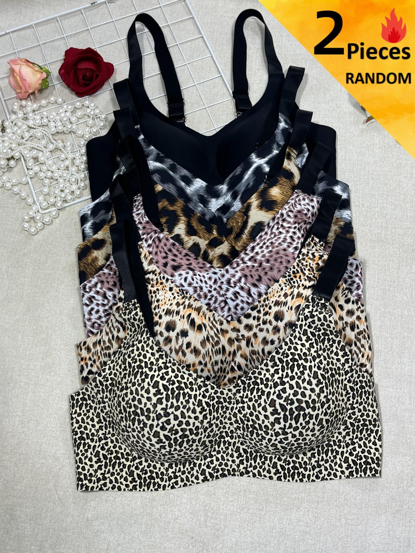 Randow Color,【Plus Size】 Leopard Print Wireless Bra, Comfortable Breathable Adjustable Strap Removable Chest Pads Bra, Women's Lingerie for All Seasons, Womenswear