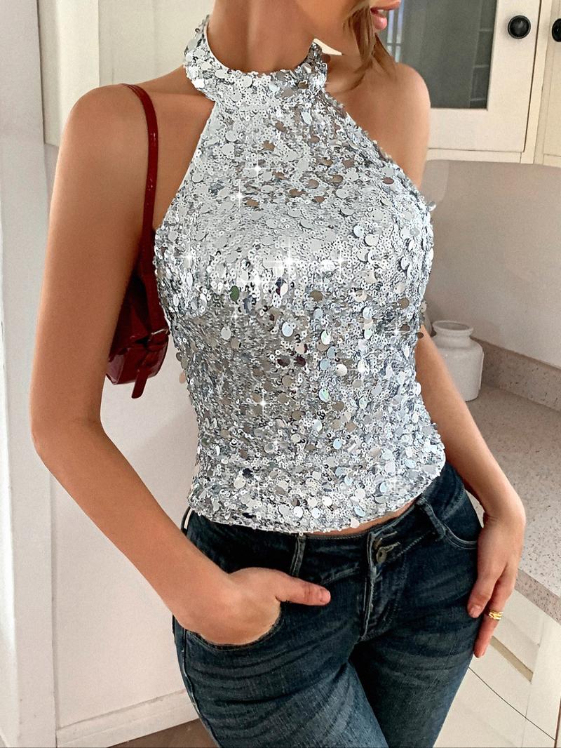 Y2K Women's Sequin Design Halter Top, Elegant Slim-Fitting Backless Vest, Plain Pattern, Perfect for Casual Wear