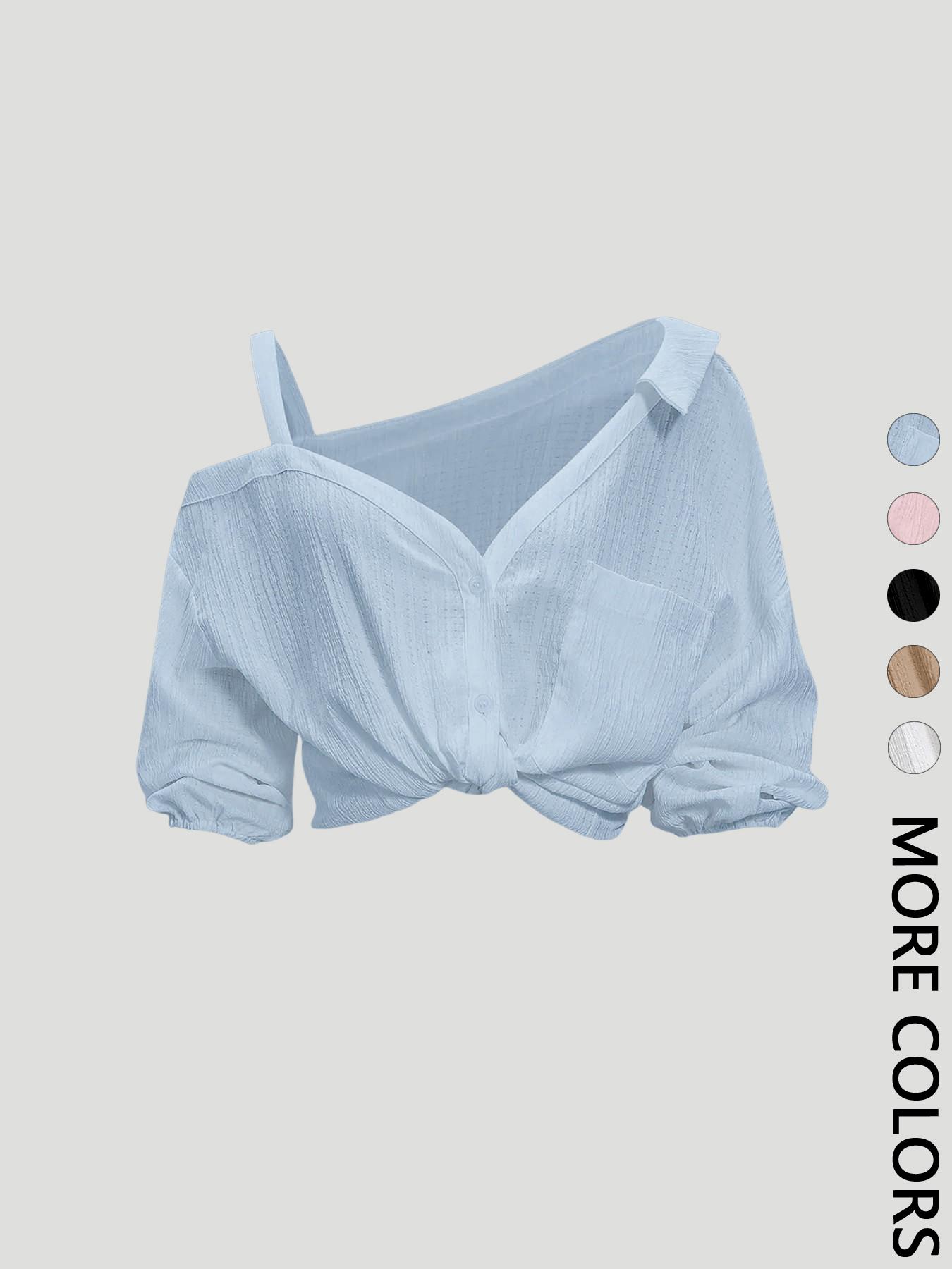 Women's Asymmetric Neckline Cold Shoulder Blouse, Collared Button Down 3/4 Sleeve Design, Textured Fabric, Clean Girl Top, Casual Chic Style Clothes for Vacation, Beach and Daily Wear, Spring & Summer Wear
