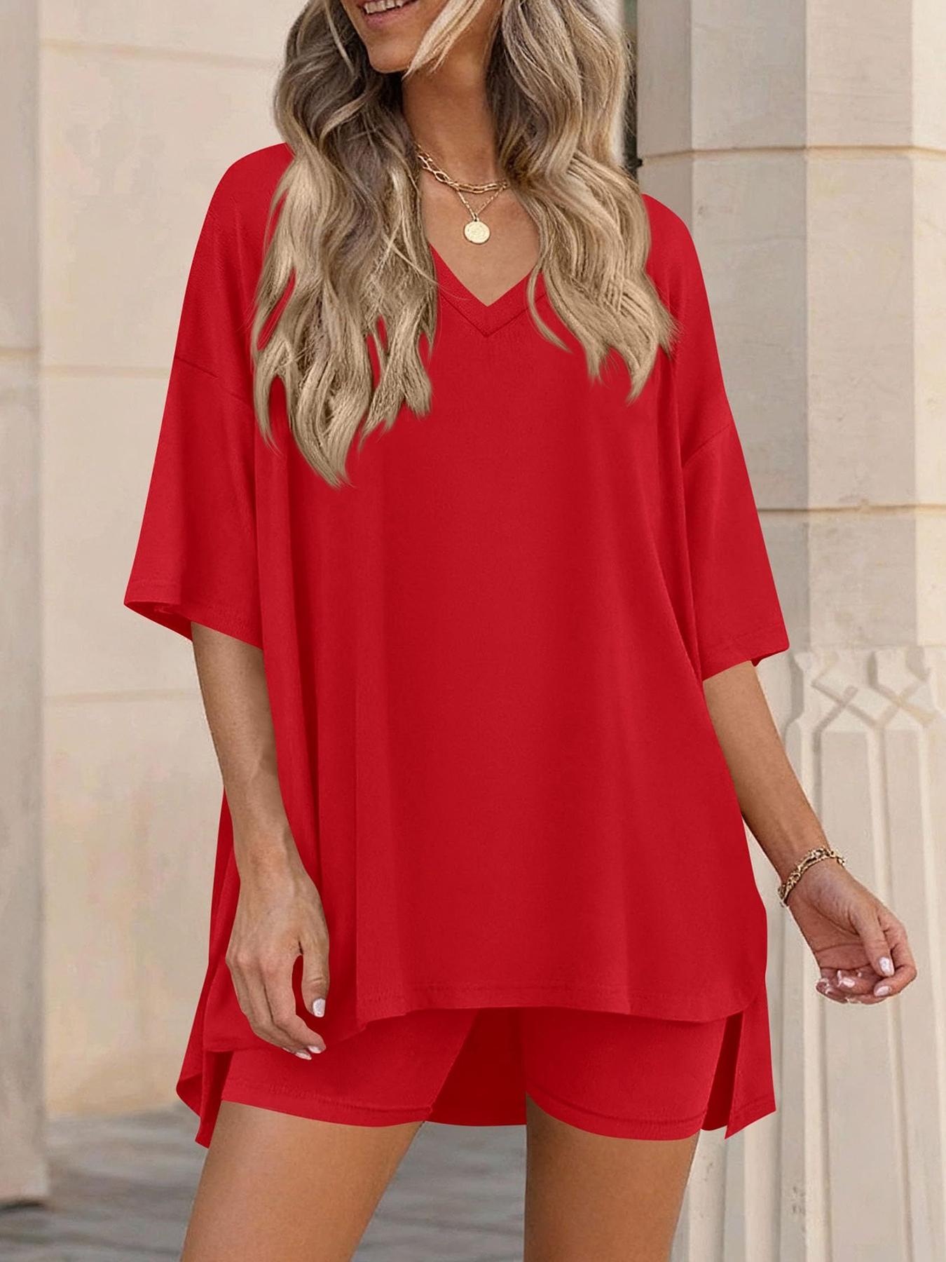 Women's V-Neck 2-Piece Lounge Set Loungewear, Oversized Shirt and Shorts, Spring/Summer Loose-Fit Matching Outfit for Daily Wear