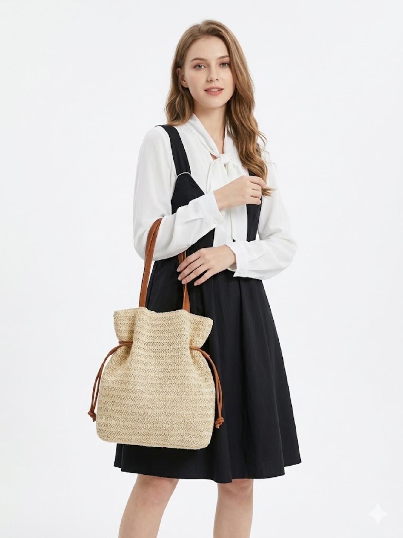 Straw Bucket Bag for Women, Woven Drawstring Shoulder Tote, Summer Beach Handbag, Large Capacity Vacation Boho Purse