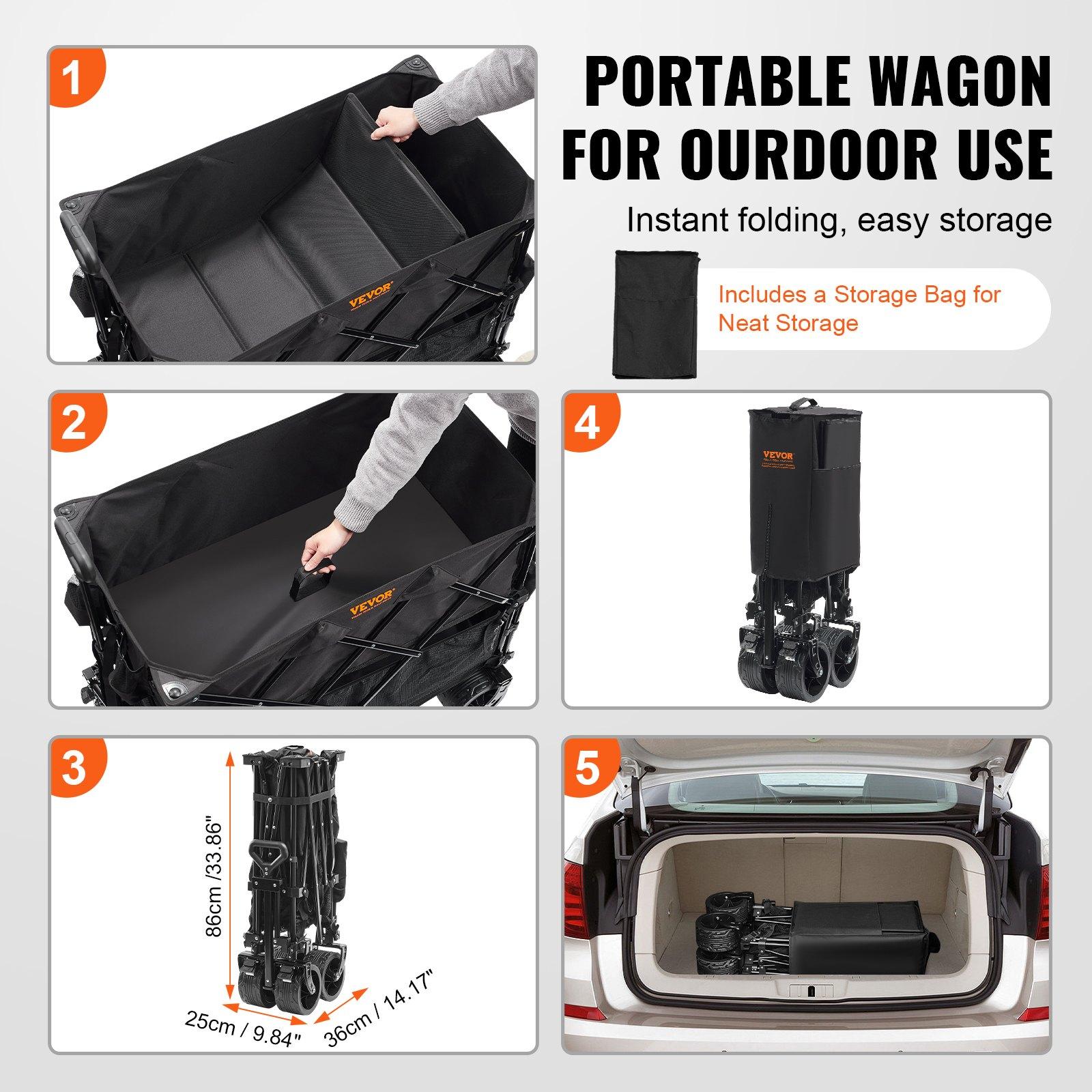VEVOR Foldable Double Decker Wagon, 400L Collapsible Wagon Cart with All-Terrain Wheels, Heavy Duty Folding Wagon Cart 350-450 lbs Weight Capacity for Camping, Shopping, Garden, 52 Extra Long Extender