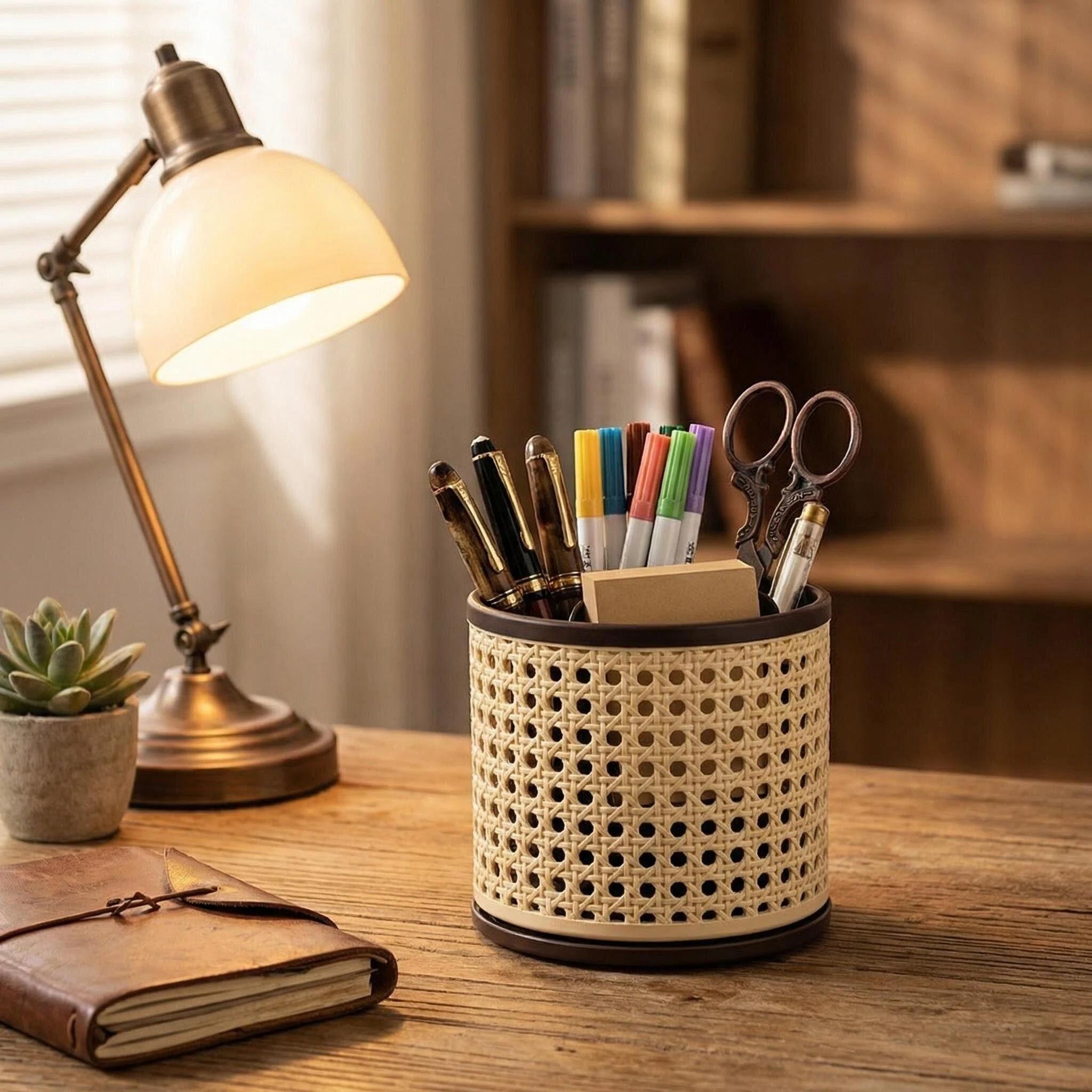 Vintage Woven Makeup Organizer, Large Capacity Rotating Desk Pen Holder, Detachable Easy Clean Compartment Brush Storage Box