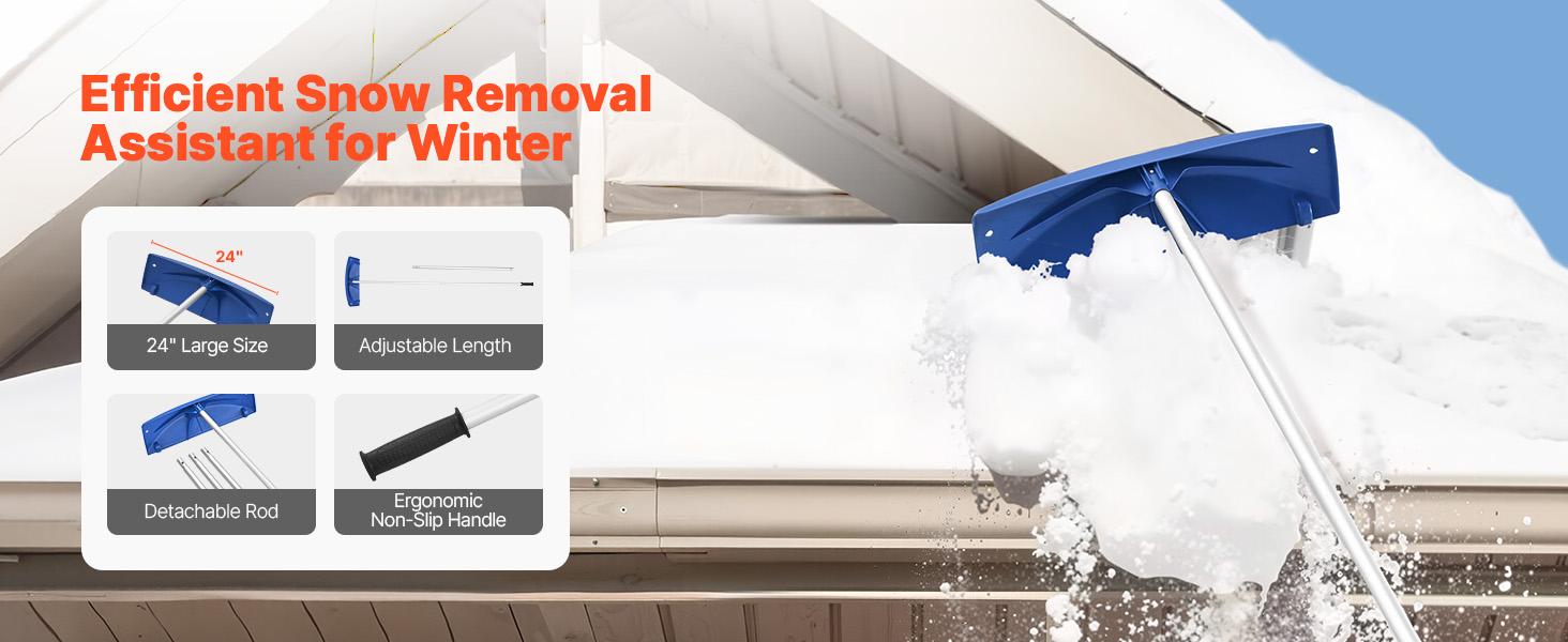 VEVOR Snow Roof Rake, 24 in PP Plastic Blade, 3.8-18.2 ft Adjustable Roof Snow Scraper with Wheels, Anti-Slip Handle Snows Removal Tool, Lightweight House Rooftop Rake for Leaves Debris Removal