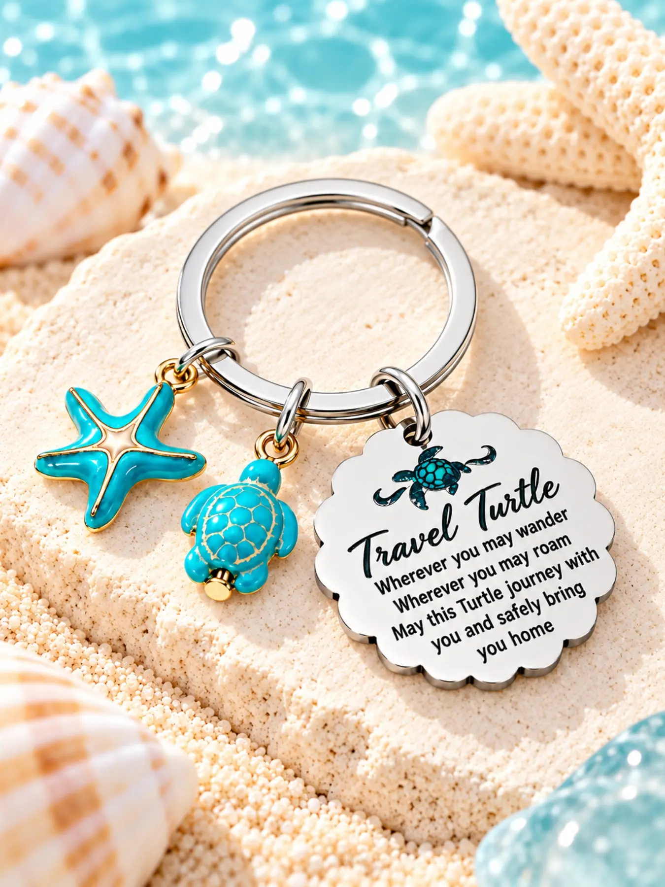 Travel Turtle Keychain, Blue Sea Turtle & Starfish Pendant Keyring, Inspirational Ocean Bag Accessory Gift, Unique Travel Souvenir