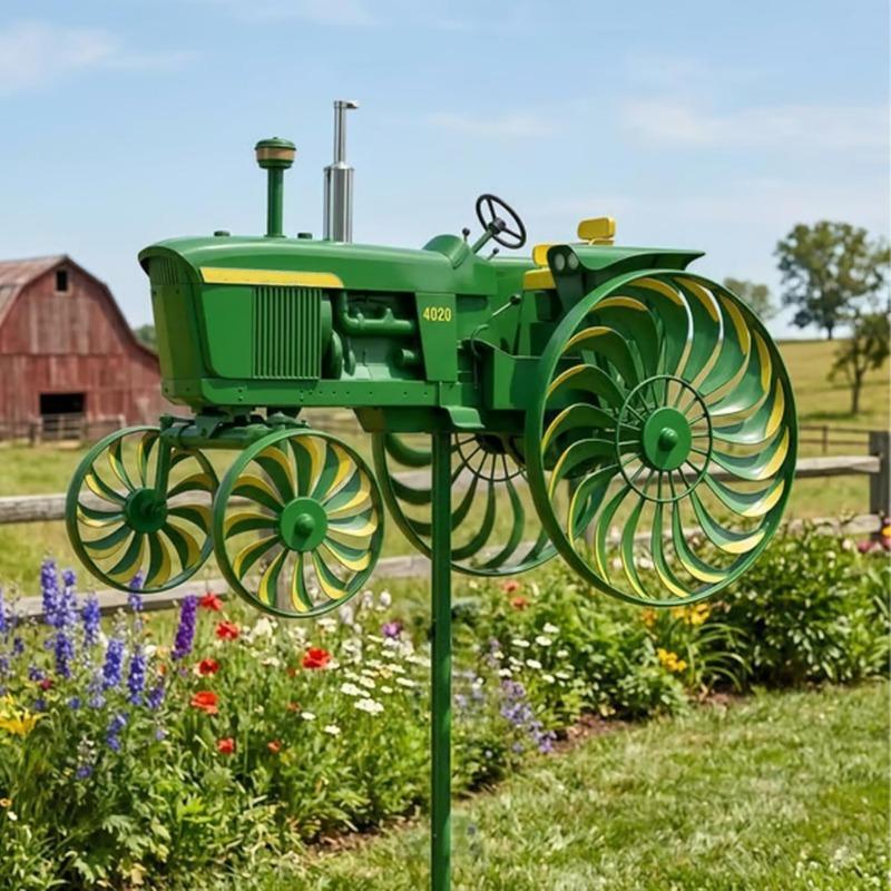 Garden Windmill Turntable - Green tractor-shaped windmill pile with rotating wheel, suitable for courtyard, courtyard, garden, unique outdoor sculpture decoration, is the perfect gift for relatives and friends