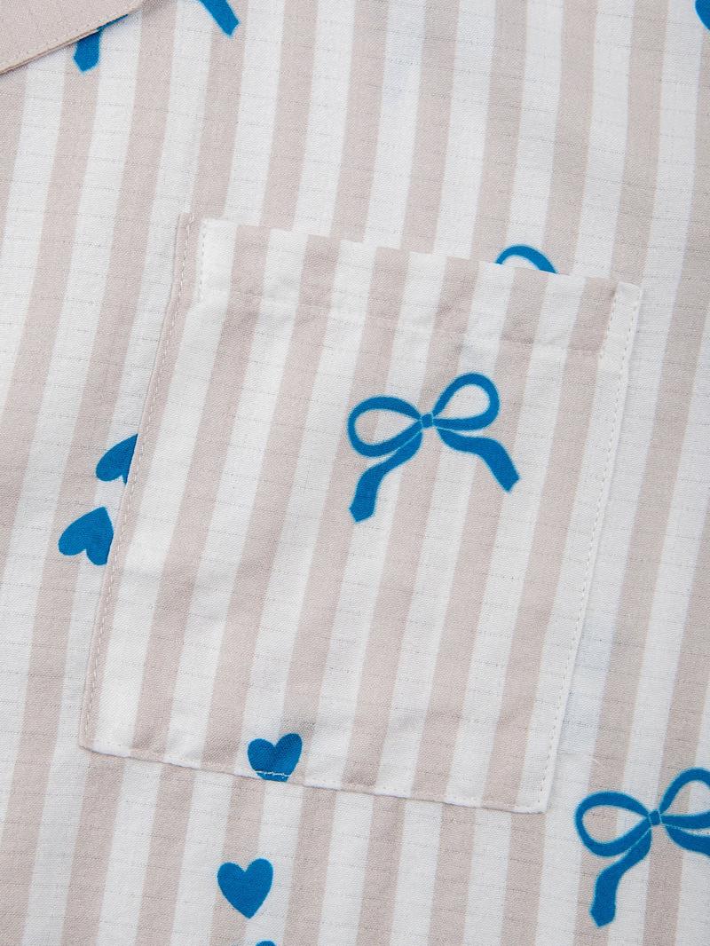 Women's Heart Bow Print Pajama Set 2 Piece, Casual Homewear Button Front Top & Elastic Waist Pants, Comfortable Sleepwear Loungewear