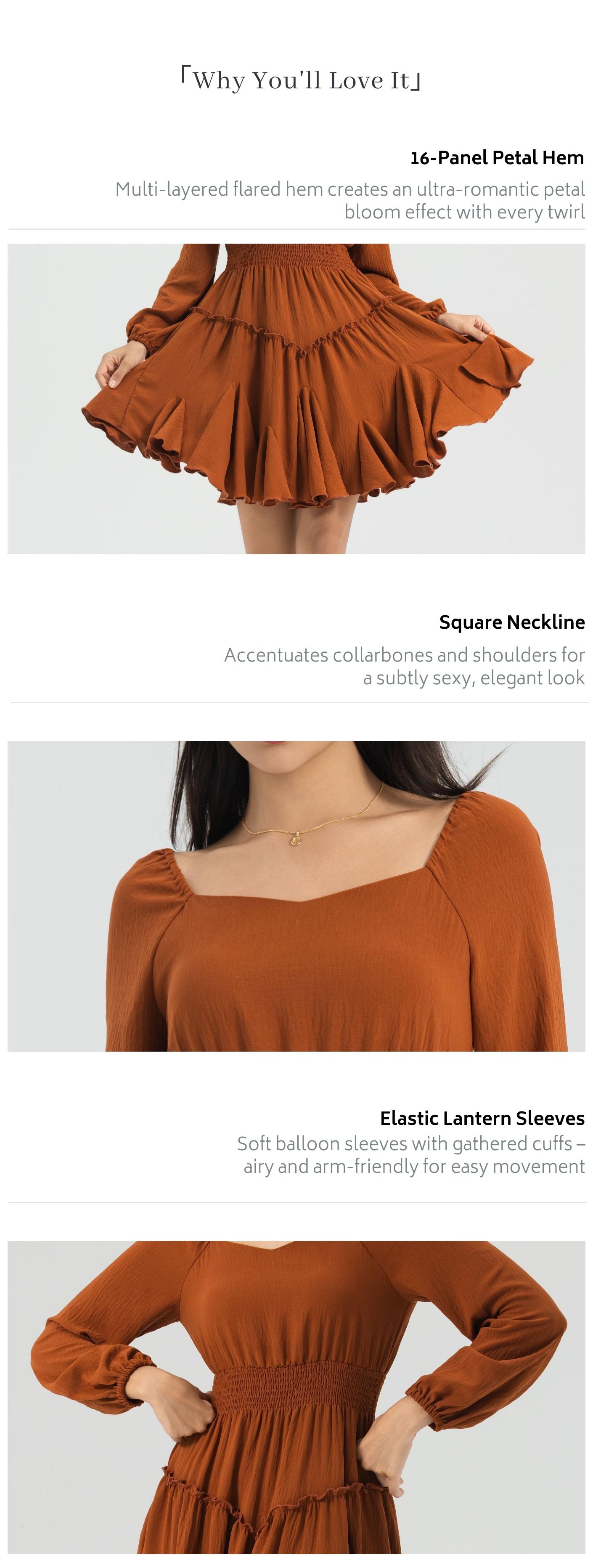 Florboom Women's Boho Square Neck Lantern Sleeve Dress, Smocked Waist 16-Panel Petal Hem Twirl Midi,Easter dress, Romantic Festival & Holiday Outfit