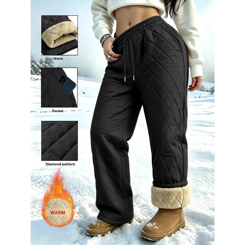 Women's Quilted Wide Leg Long-Length Bottoms, Soft Warm Fleece-Lined, Diamond-Stitch Elastic Drawstring, Winter Daily Wear Lady Female Sports & Outdoor Joggers